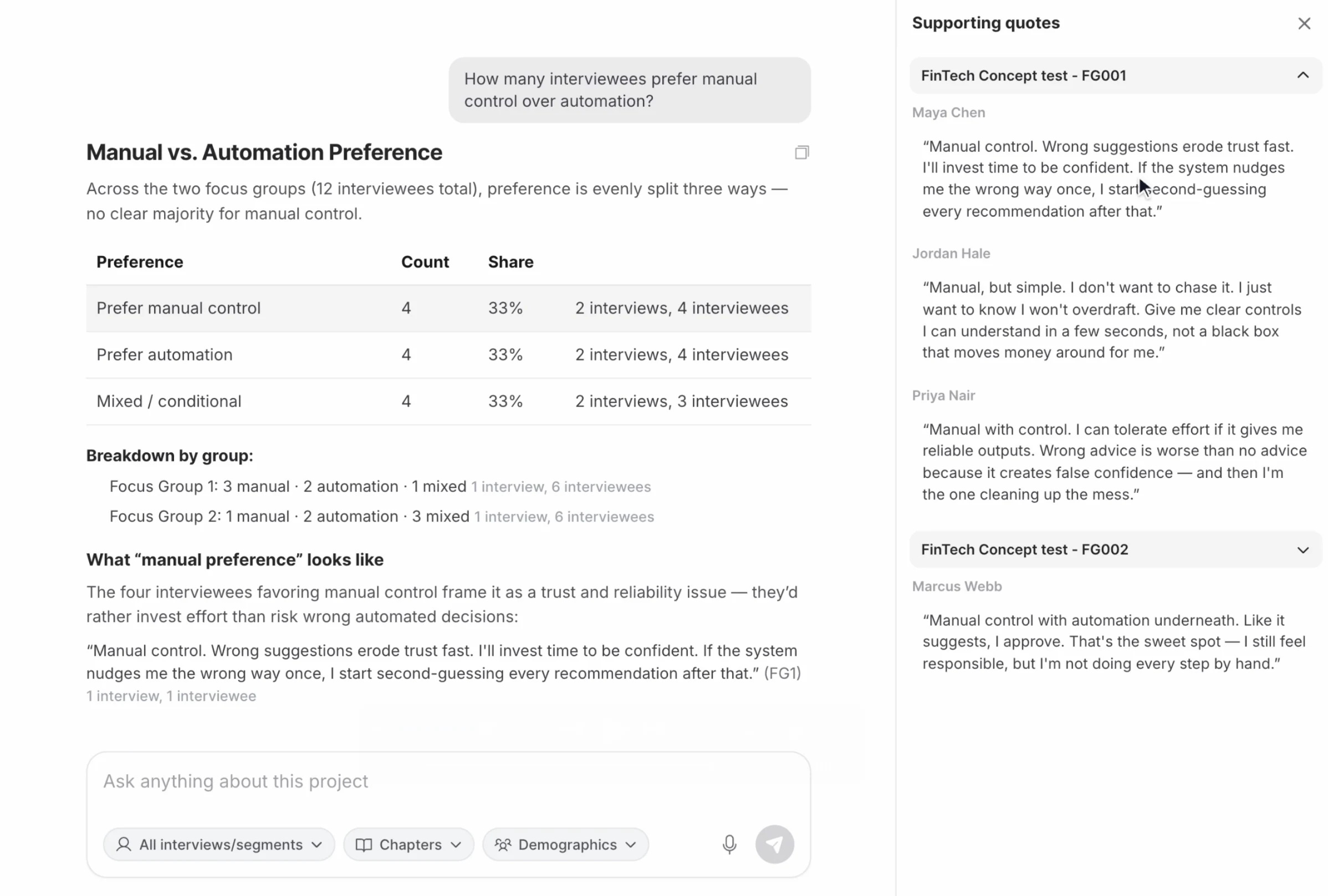 BTInsights Interview Analysis answering a question across two focus groups, with the supporting quotes panel open beside the finding.